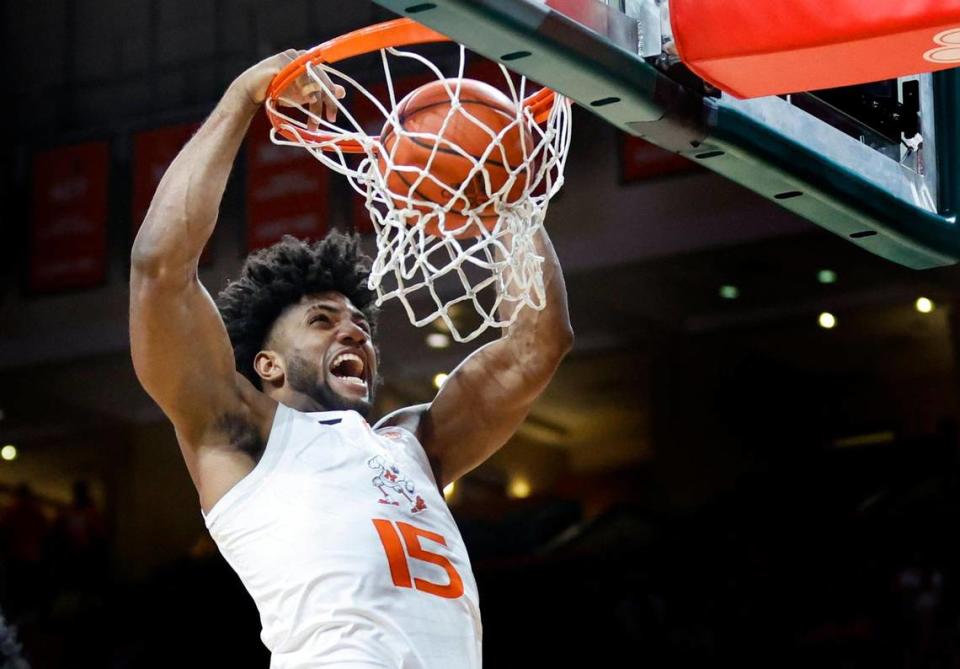 Miami Hurricanes forward Norchad Omier (15) dunks the ball in the first half against Florida State Seminoles at the Watsco Center in Coral Gables, Florida on Saturday, February 25, 2023.