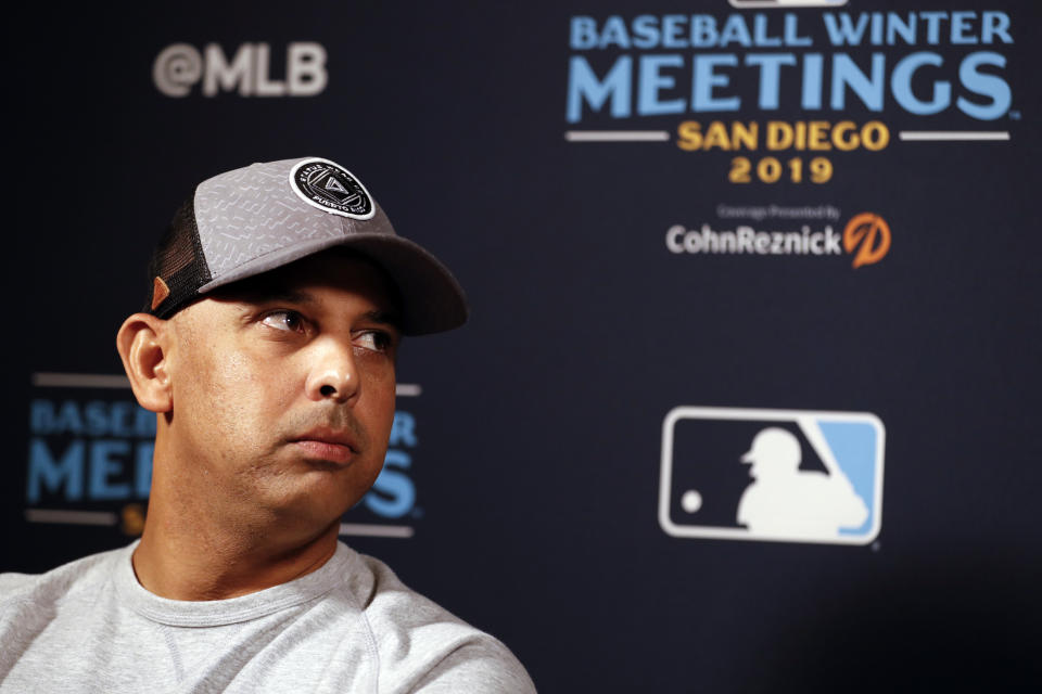 Boston Red Sox manager Alex Cora listens to a question during the Major League Baseball winter meetings Monday, Dec. 9, 2019, in San Diego. (AP Photo/Gregory Bull)