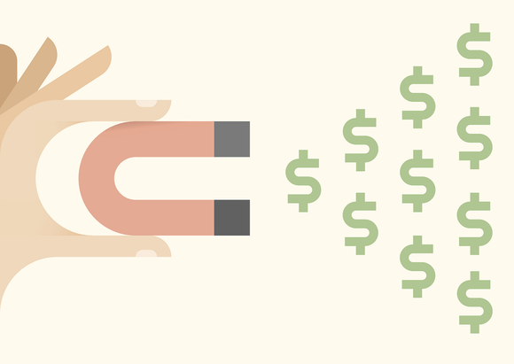 Illustration of a hand holding a magnet that attracts dollar signs.
