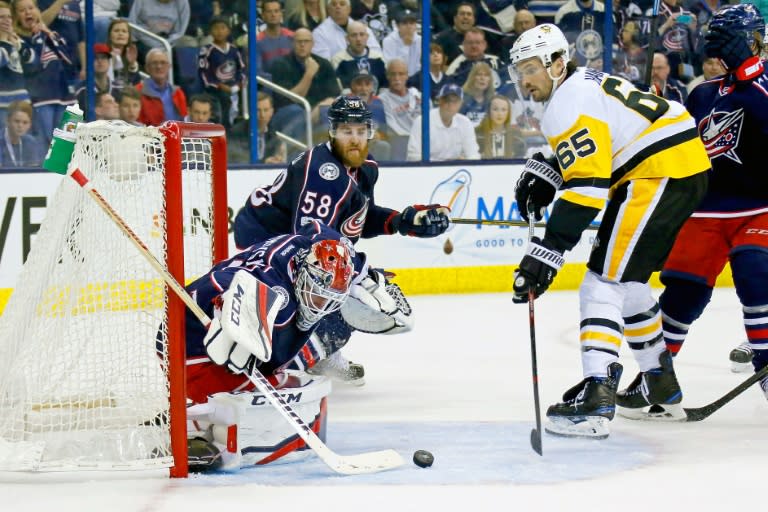 The Columbus Blue Jackets' goalie Sergei Bobrovsky stops a shot from Ron Hainsey of the Pittsburgh Penguins in Game Four of the Eastern Conference first round playoffs, at Nationwide Arena in Columbus, Ohio, on April 18, 2017