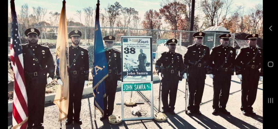 Honor guard of Clifton Police Officers on hand at recent dedication of John Samra Way, the street recently named after Samra, Clifton's lone police officer killed in the line of duty.  John Samra Way is the street leading into the James Anzaldi Recreation Complex.