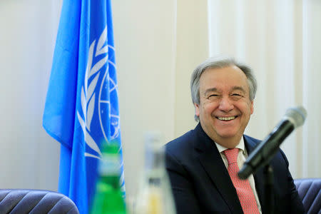 United Nations Secretary General Antonio Guterres speaks to journalists during a breakfast briefing at the European headquarters of the United Nations in Geneva, Switzerland, January 18, 2017. REUTERS/Pierre Albouy