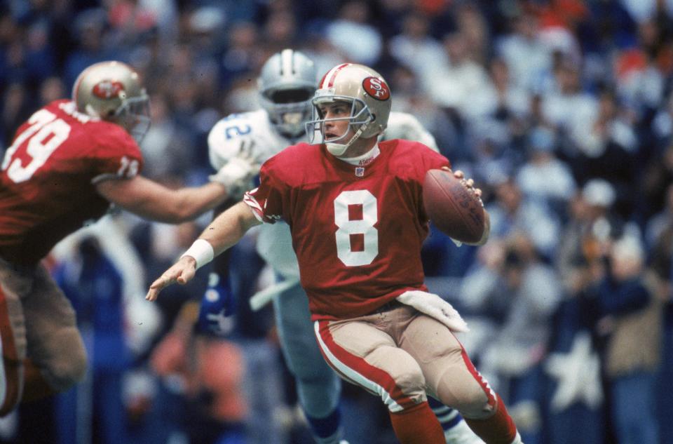 Steve Young upheld the legacy of Joe Montana despite the greatness of Troy Aikman.  (Photo: James Smith/Getty Images)