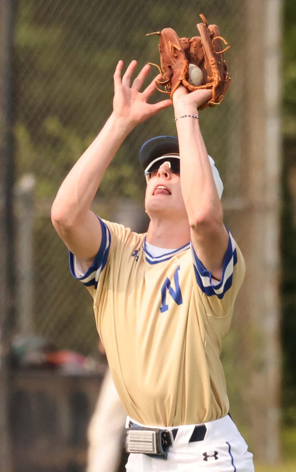 Norwell center fielder Liam Shepherd makes the catch during a game versus Abington on Wednesday, May 24, 2023.  