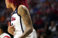 Mississippi forward Shakira Austin reacts during the second half of an NCAA college basketball game against Tennessee in Oxford, Miss., Sunday, Jan. 9, 2022. (AP Photo/Rogelio V. Solis)