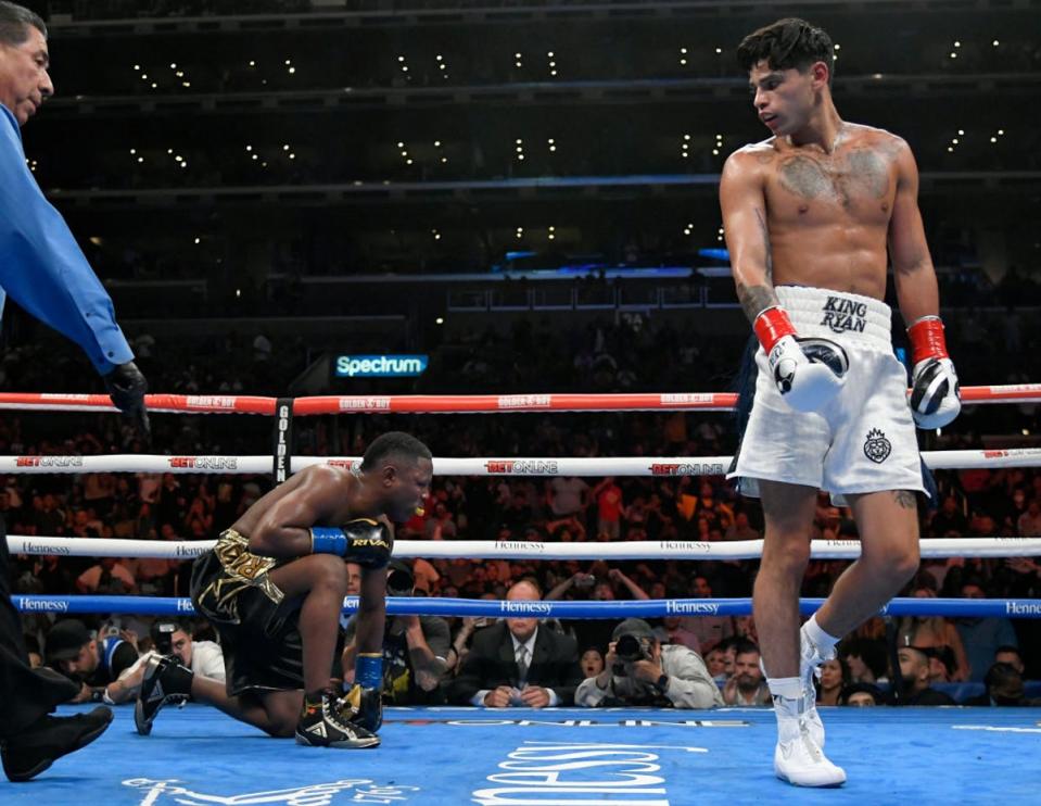 Ryan Garcia leaves Javier Fortuna wincing before the referee’s stoppage (Getty)