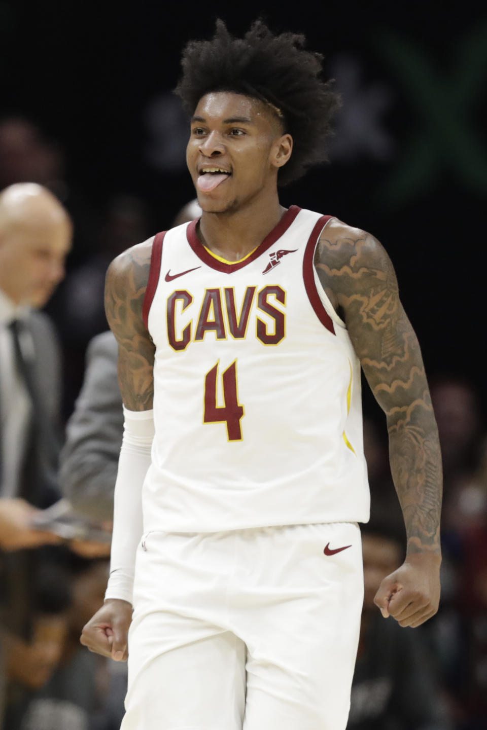 Cleveland Cavaliers' Kevin Porter Jr. reacts after scoring against the Atlanta Hawks during the second half of an NBA basketball game Monday, Dec. 23, 2019, in Cleveland. The Cavaliers won 121-118. (AP Photo/Tony Dejak)