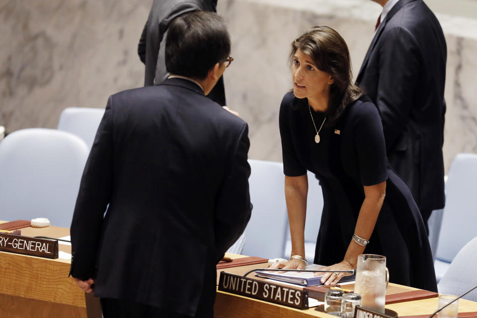 U.S. Ambassador Nikki Haley, right, talks with South Korea's Ambassador Cho Tae-yong at a meeting of the United Nations Security Council, at U.N. Headquarters on Monday, Sept. 17, 2018. (AP Photo/Richard Drew)