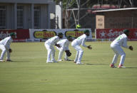 Pakistan players position themselves, during the second test cricket match between Zimbabwe and Pakistan at Harare Sports Club, Sunday, May, 9, 2021.(AP Photo/Tsvangirayi Mukwazhi)