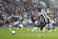 Newcastle United's Alexander Isak has a penalty saved, during the English Premier League soccer match between Burnley and Newcastle United, at Turf Moor, in Burnley, England, Saturday, May 4, 2024. (Steve Welsh/PA via AP)