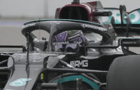 Mercedes driver Lewis Hamilton of Britain steers his car during the Russian Formula One Grand Prix at the Sochi Autodrom circuit, in Sochi, Russia, Sunday, Sept. 26, 2021. (AP Photo/Sergei Grits)