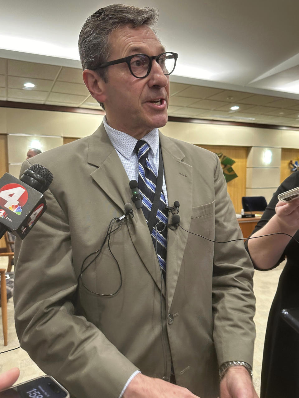 Wade Steen, a trustee of the State Teachers Retirement System of Ohio, speaks to reporters during a Wednesday, May 15, 2024, meeting of the pension fund's board at STRS headquarters in Columbus, Ohio. (AP Photo/Julie Carr Smyth)