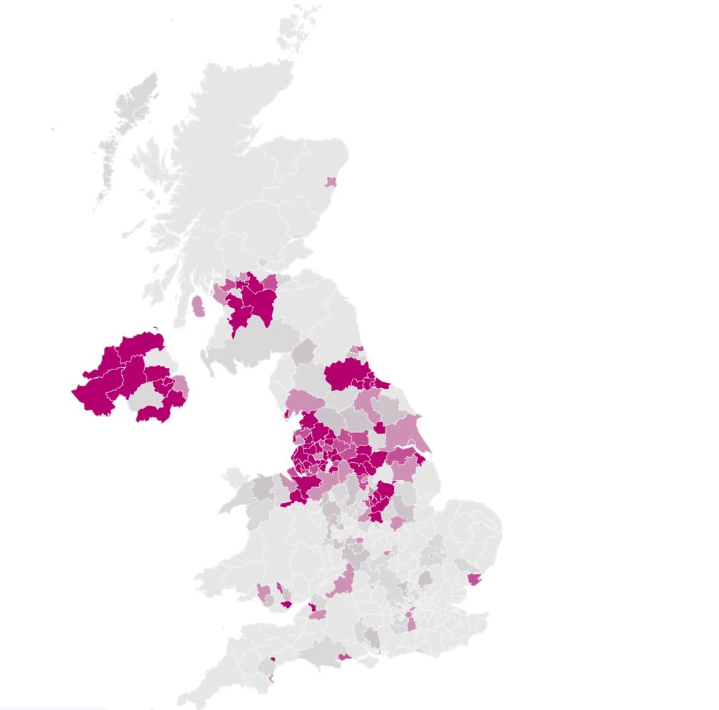 The probability of local authorities having more than 500 cases per 100,000 by the end of October. The darker the shade of purple the higher the probability. (Imperial College London)