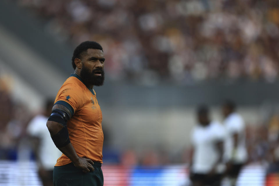 Australia's Marika Koroibete reacts during the Rugby World Cup Pool C match between Australia and Fiji at the Stade Geoffroy Guichard in Saint-Etienne, France, Sunday, Sept. 17, 2023. (AP Photo/Aurelien Morissard)