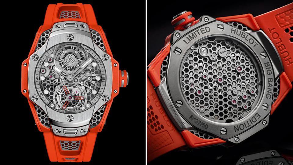 An up-close look at the watch’s unique honeycomb mesh design and bright orange color. - Credit: Hublot