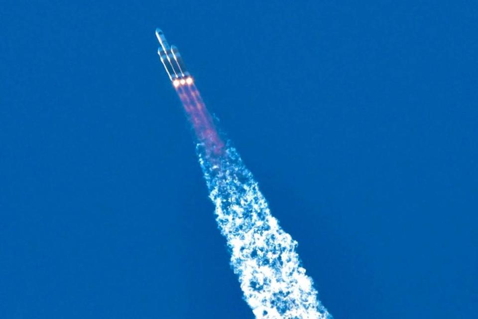 A Delta IV Heavy rocket heads toward space from Vandenberg Space Force Base on Saturday afternoon, carrying its clandestine cargo to orbit and ending another chapter for an iconic launch pad.