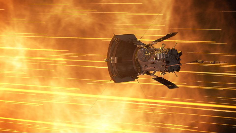 Eine Illustration der Parker Solar Probe, die durch die glühend heiße Korona der Sonne fliegt und den Stößen der Sonnenwindteilchen standhält. - Copyright: NASA's Goddard Space Flight Center