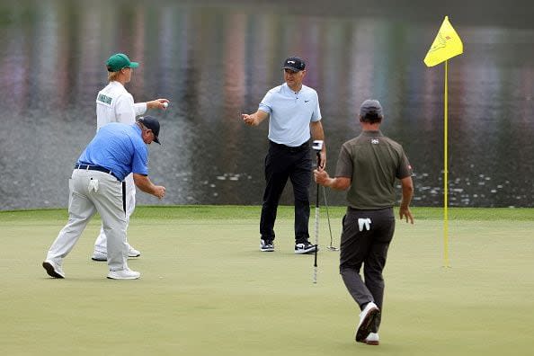 AUGUSTA, GEORGIA - APRIL 10: Trevor Immelman of South Africa, Adam Scott of Australia, and Ian Woosnam of Wales walk on the third green during the Par Three Contest prior to the 2024 Masters Tournament at Augusta National Golf Club on April 10, 2024 in Augusta, Georgia. (Photo by Jamie Squire/Getty Images) (Photo by Jamie Squire/Getty Images)