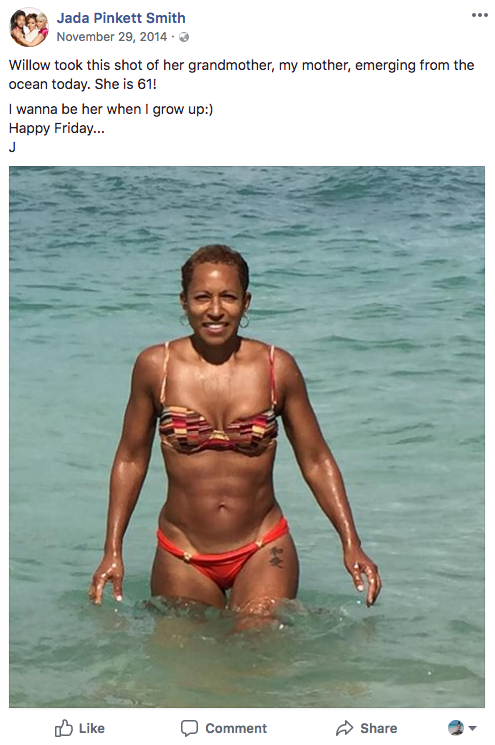 Jada’s clearly proud of her mum, posting this snap of her back in 2014. Facebook/Jada Pinkett Smith