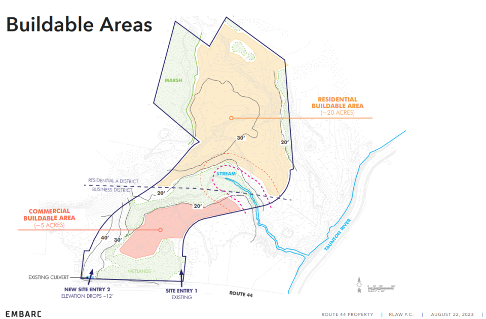 This is analysis of the buildable areas comprising the 41 acres of the Route 44 Realty Trust property on Route 44 in Raynham.