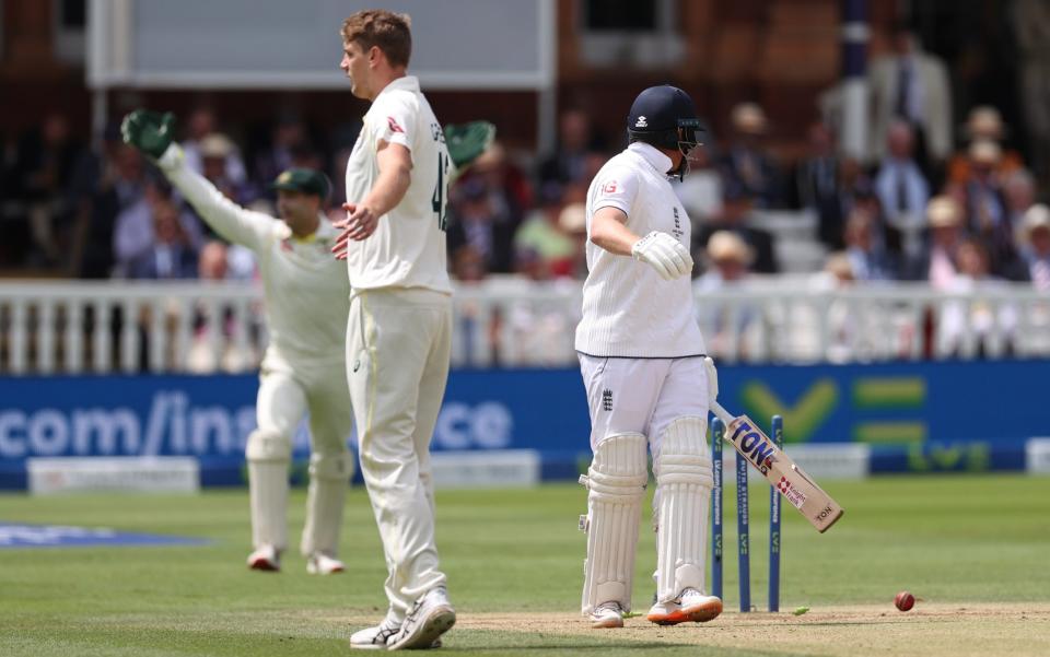 Jonny Bairstow of England is run out by Alex Carey of Australia during Day Five of the LV= Insurance Ashes 2nd Test match between England and Australia at Lord's Cricket Ground on July 02, 2023 in London, England