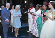 <p>The Duchess of Cornwall wore a blue shift dress, that featured white piping and geometric embroidery on the front, for a visit to the Gran Teatro de La Habana Alicia Alonso in Havana. </p>