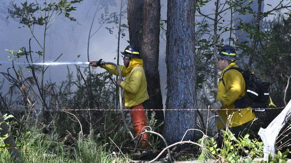 Members of a Hawaii Department of Land and Natural Resources wildland firefighting crew on Maui battle a fire in Kula, Hawaii, on Tuesday, Aug. 8, 2023. (Matthew Thayer/The Maui News via AP)