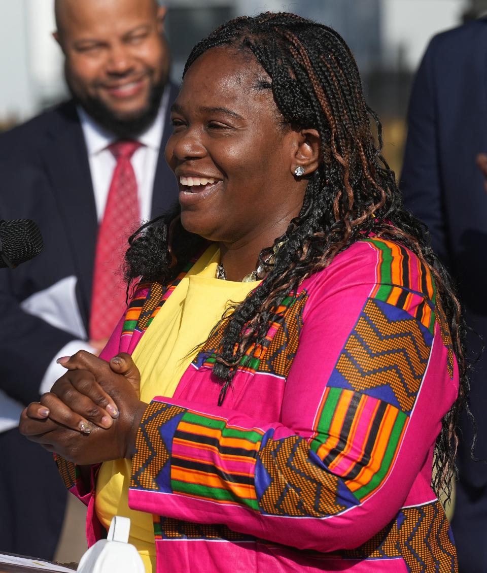 Milwaukee Public Schools Vice President Sequanna Taylor speaks Monday at Milwaukee High School of the Arts, 2300 W. Highland Ave. Monday was the first day of the school year for the 1,100 students who attend the school. Milwaukee Public Schools follows the early start calendar for its high schools, middle schools and some elementary schools. Students on the traditional start calendar will begin Sept. 6.