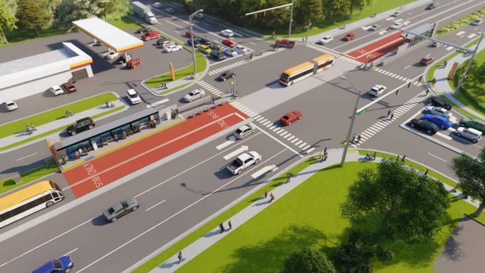 A rendering of the planned bus rapid transit or BRT stations on New Bern Avenue at Raleigh Boulevard. The outbound station is on the left, inbound on the right.