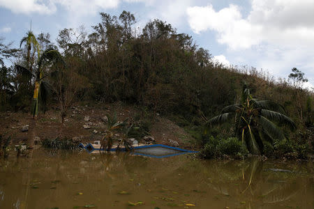 The roof of a house submerged by flood waters is seen close to the dam of the Guajataca lake. REUTERS/Carlos Garcia Rawlins