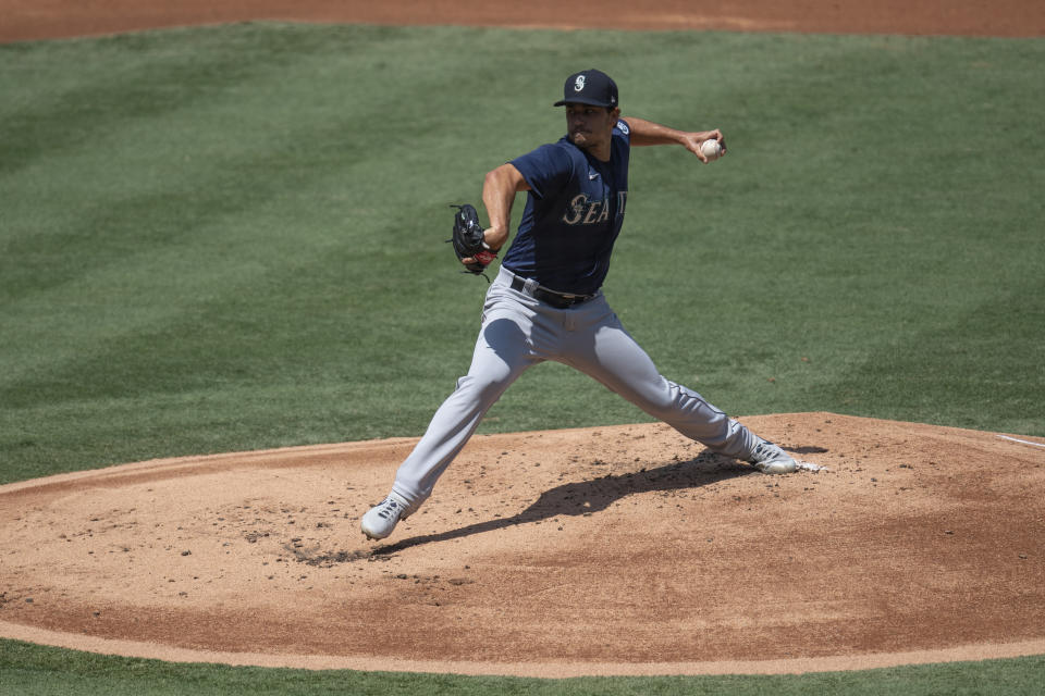 Seattle Mariners starting pitcher Marco Gonzales delivers during the first inning of a baseball game against the Los Angeles Angels in Anaheim, Calif., Monday, Aug. 31, 2020. (AP Photo/Kyusung Gong)