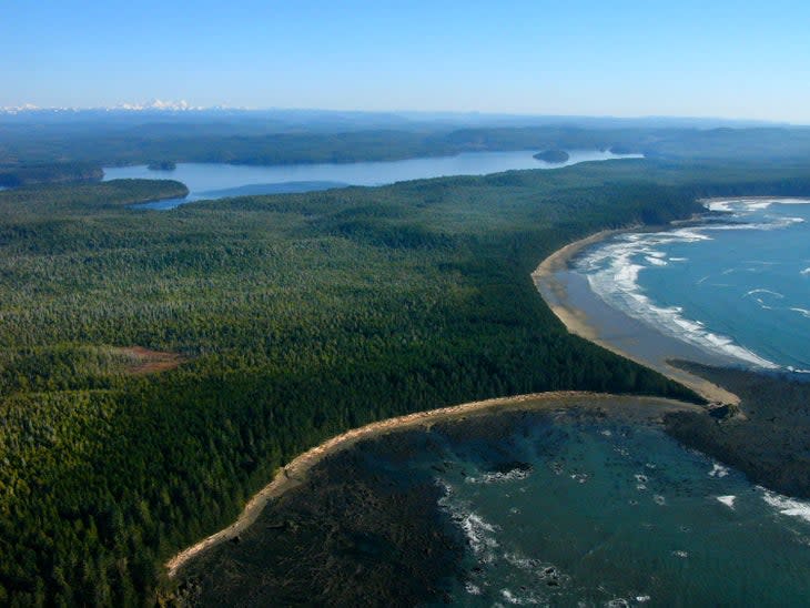 Aerial view of Lake Ozette (top) with Erickson's Bay (left) from Sand Point on the Pacific Ocean (bottom right)