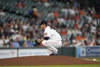 Houston Astros starting pitcher Zack Greinke waits for the next batter after giving up a home run to Arizona Diamondbacks' Pavin Smith during the third inning of a baseball game Sunday, Sept. 19, 2021, in Houston. (AP Photo/David J. Phillip)