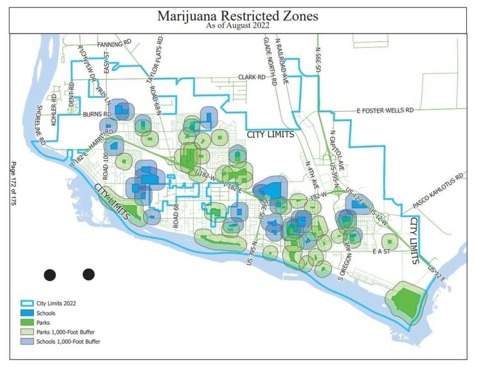 This map from the City of Pasco shows marijuana restricted zones and their buffer areas. These areas include schools and parks. Recreational retail cannabis stores would not be allowed to operate in these areas.