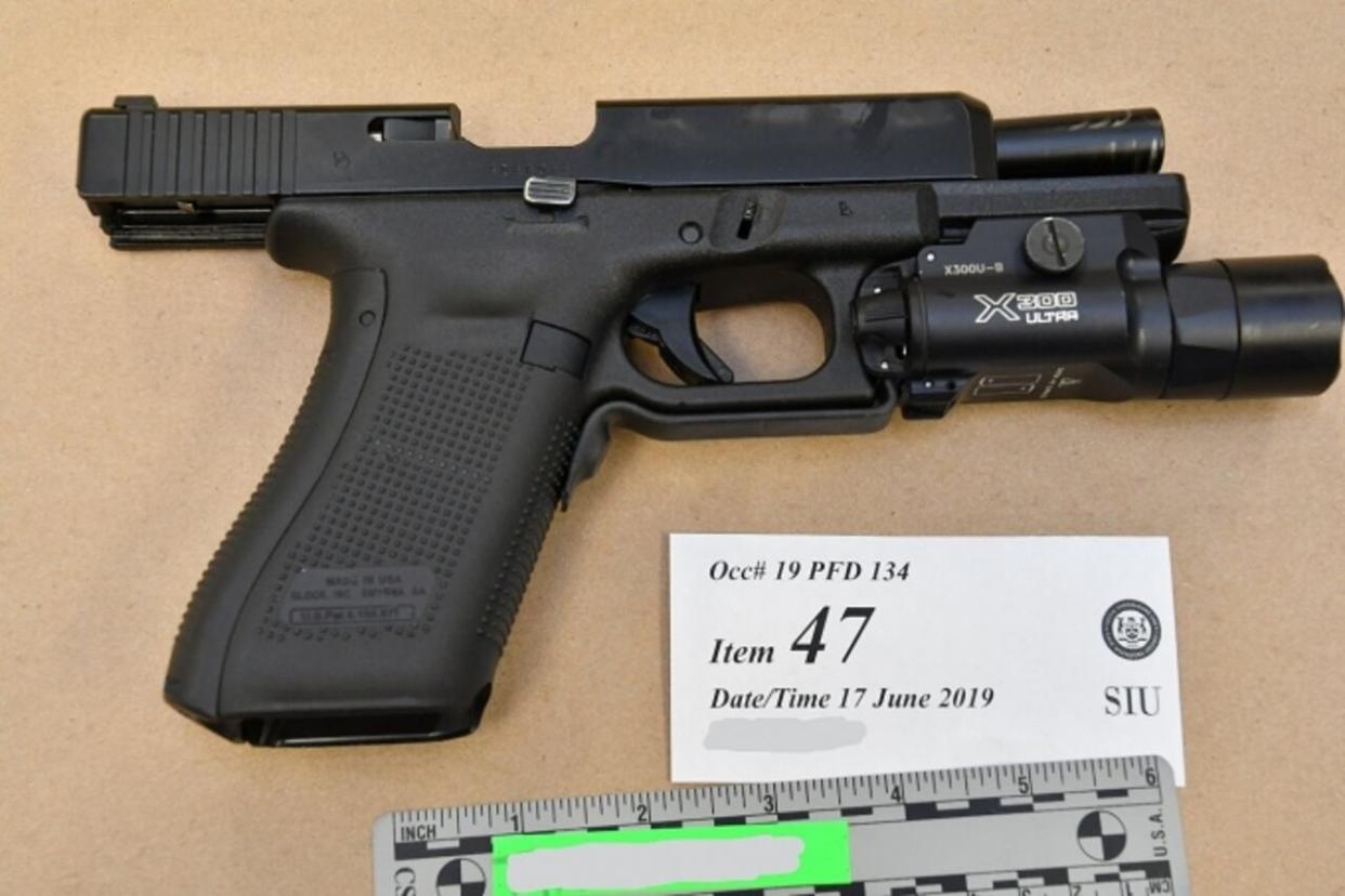 A Glock handgun - the service weapon of the OPP officer who killed Derek Teskey of Tecumseh with a single fatal shot on June 14, 2019. (Special Investigations Unit - image credit)