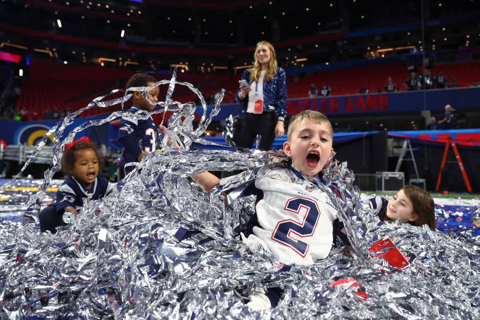 <p>Children of Patriots players play in the confetti after the New England Patriots 13-3 win over the Los Angeles Rams during Super Bowl LIII at Mercedes-Benz Stadium on February 03, 2019 in Atlanta, Georgia. (Photo by Maddie Meyer/Getty Images) </p>