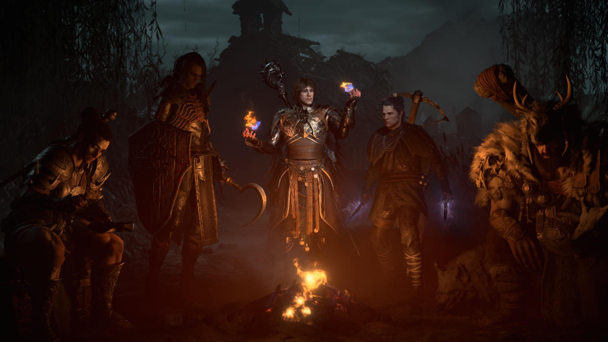  Diablo 4 season 1 key art with characters around a bonfire 