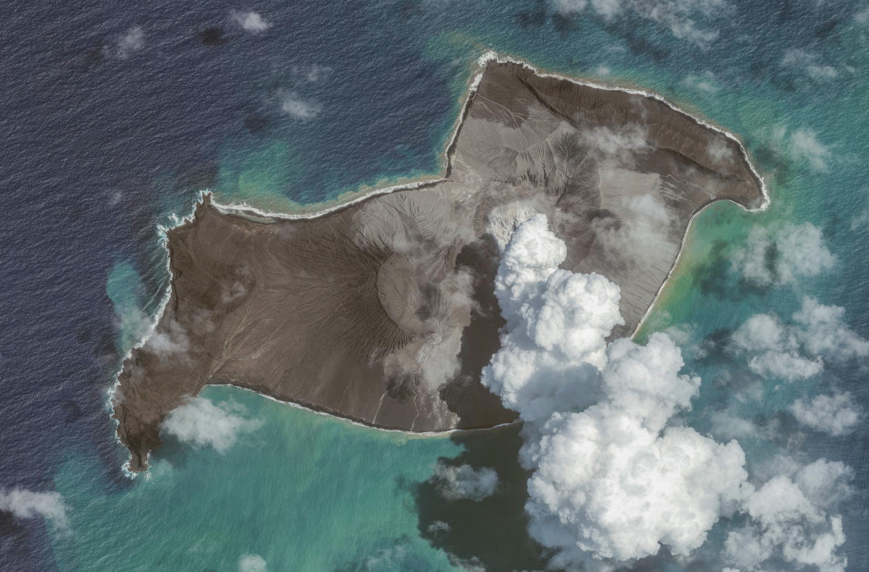 HUNGA TONGA-HUNGA HA'APAI, TONGA – JANUARY 6, 2022: In this image 3. of a series created on January 19, 2022, Maxar overview satellite imagery shows the Hunga Tonga-Hunga Ha'apai volcano on January 6, 2022, before the eruption on January 14th , 2022 in Hunga Tonga-Hunga Ha'apai Islands, Tonga. (Photo by Maxar via Getty Images)