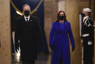 Vice President-elect Kamala Harris and Doug Emhoff arrive in the Crypt of the US Capitol for President-elect Joe Biden's inauguration ceremony on Wednesday, Jan. 20, 2021 in Washington. (Jim Lo Scalzo (Jim Lo Scalzo/Pool Photo via AP)