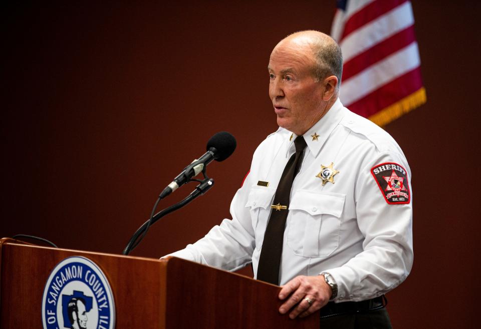Sangamon County Sheriff Jack Campbell speaks to enforcement of mitigation rules during a press conference to talk about a "phased approach" to mitigations at the Sangamon County Department of Health on Nov.3, 2020.