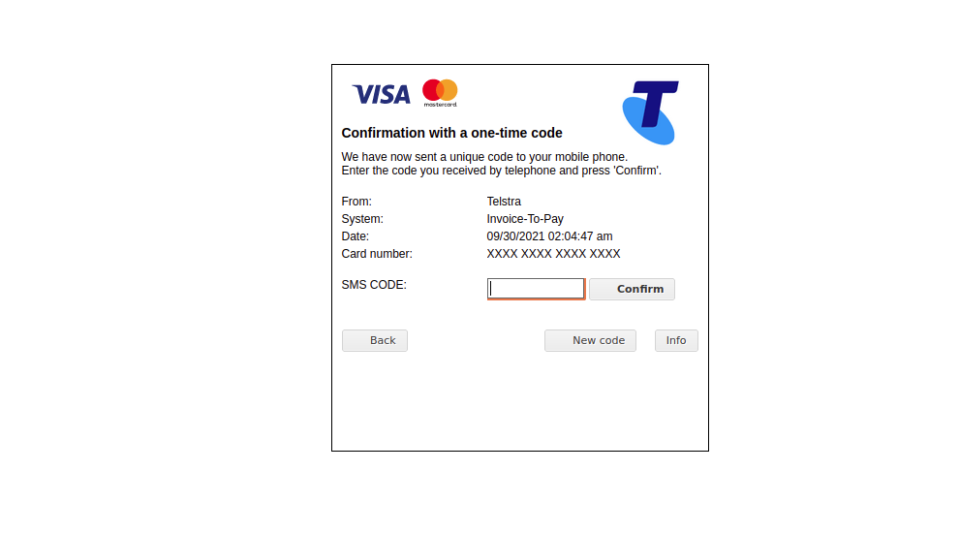 Screenshot of 'one-time SMS code' page of Telstra spoofing scam