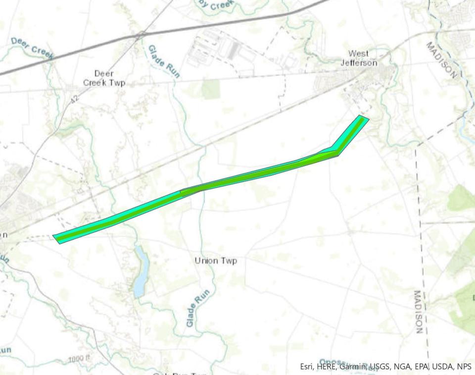 The path of the EF1 tornado that touched down near West Jefferson. It traveled west to east.