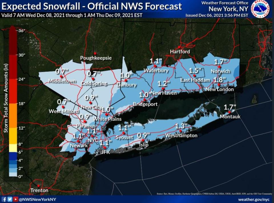 The National Weather Service predicts snowfall in the area on Wednesday, Dec. 8, 2021.