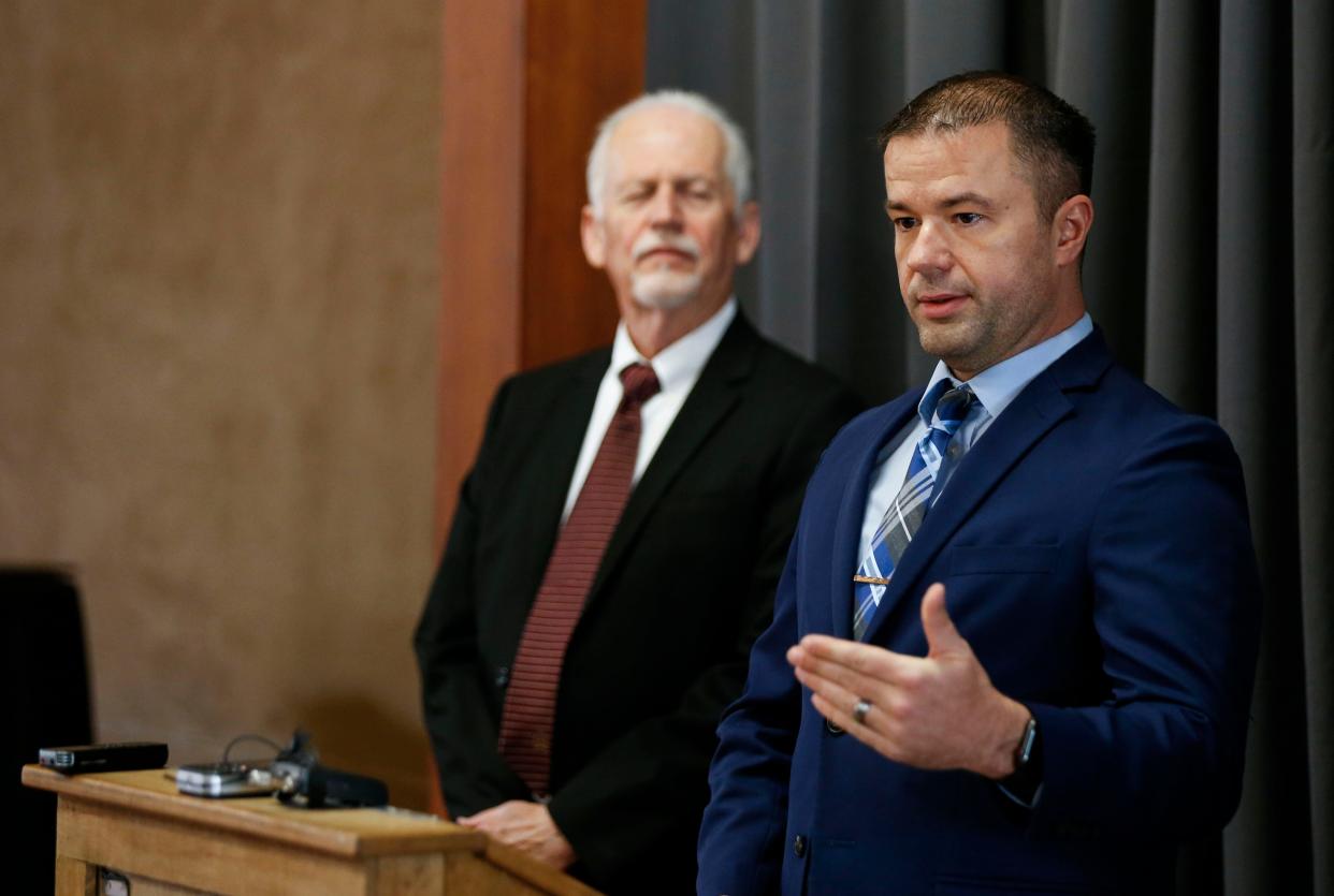 Jacob Brower, secretary and treasurer of Vote 417, speaks at a March 2022 press conference to denounce a political attack ad a Springfield school board incumbent.