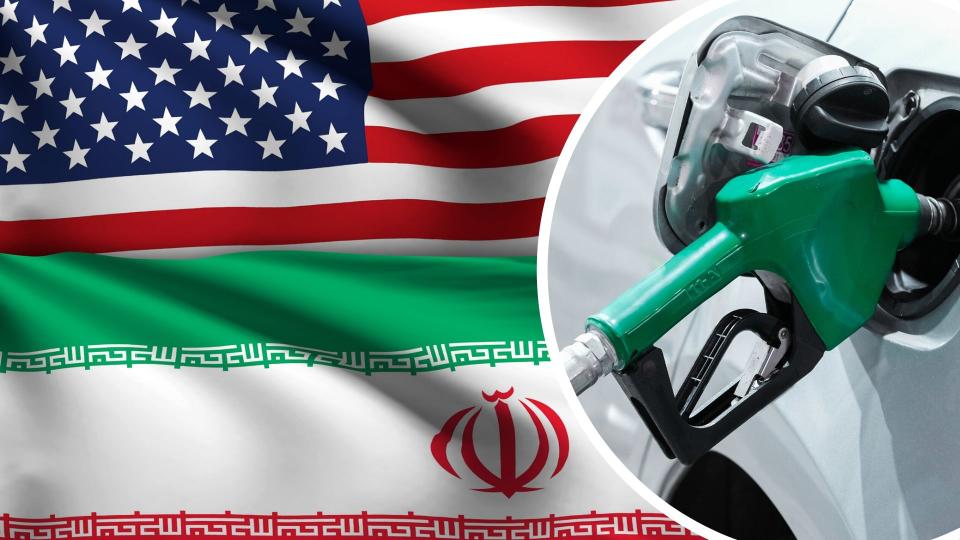 Pictured: Petrol pump, American and Iran flags. Images: Getty