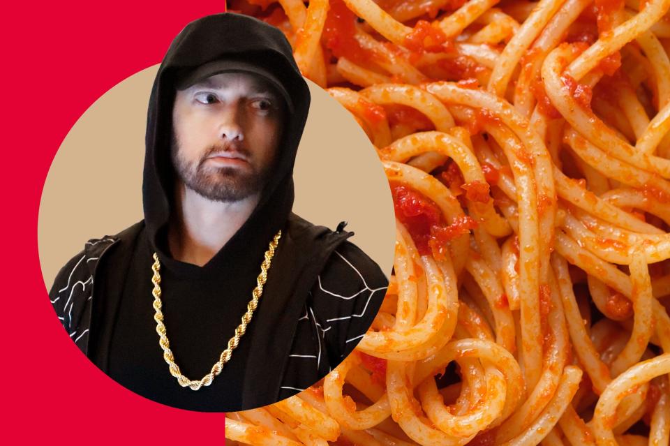 Photo of Eminem alongside closeup photo of spaghetti