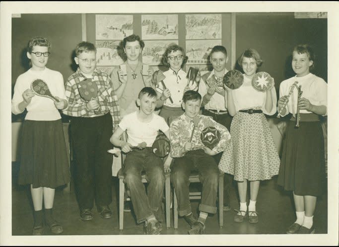 Bobby is on percussion in fifth grade music class (he's seated, at right).