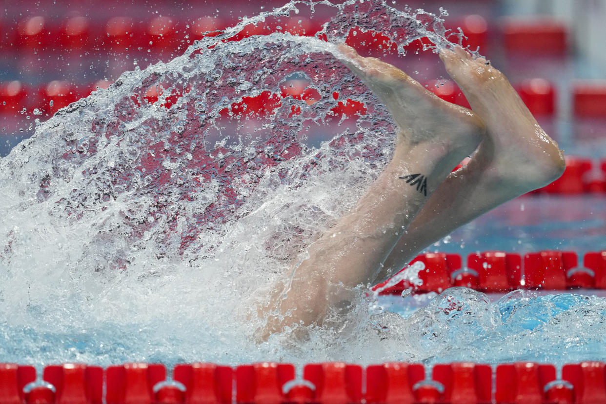 The feet of Daniel Wiffen, of Ireland, during a turn in a heat in the men's 800-meter freestyle.