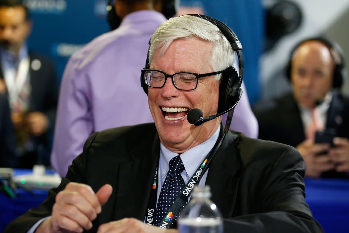 Hugh Hewitt reacts to a comment while siting down to talk about the 2016 presidential race with Jonathan Alter on his show, 