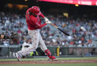 Los Angeles Angels' Anthony Rendon hits a two-run single against the San Francisco Giants during the third inning of a baseball game Tuesday, June 1, 2021, in San Francisco. (AP Photo/Tony Avelar)